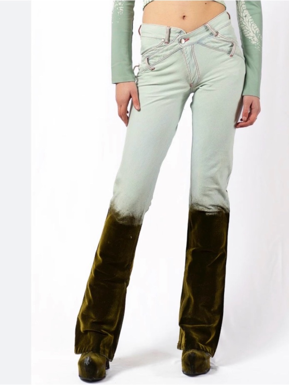 Masha Popova‎ Women’s Two Tone Dip Dye Jeans Crossover Waist XL Long Inseam TALL